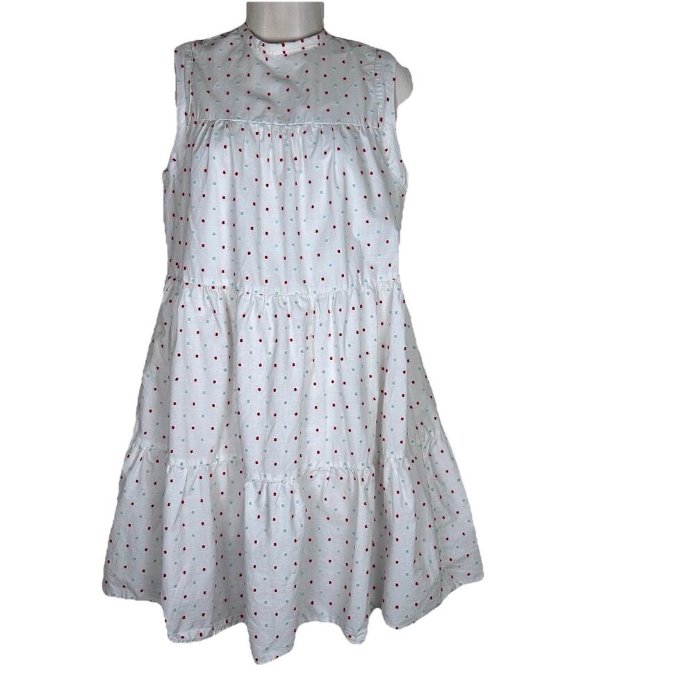 Modcloth tiered sleeveless babydoll dress white clip dots bow Sz XS